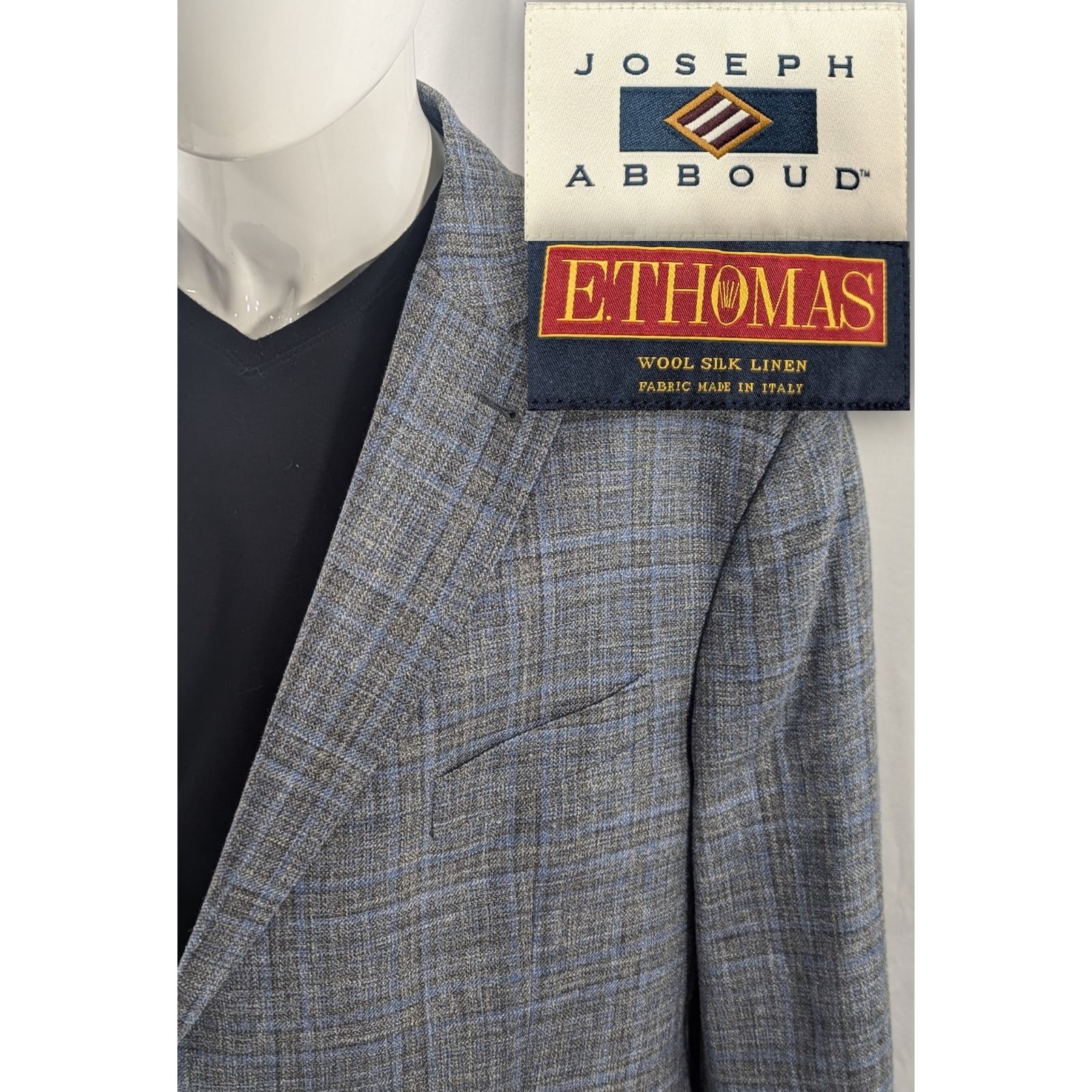 Abboud Ethomas Hopsack Blazer Sport Glen Check Silk Linen Wool Blue 50r 50" Euc
